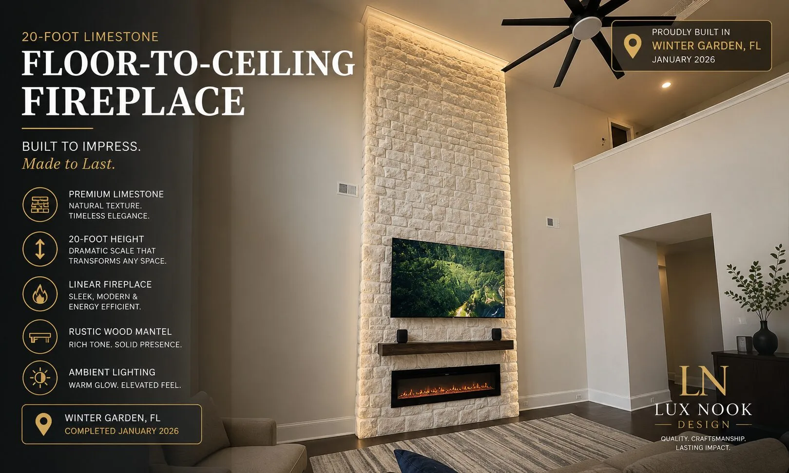 Twenty-foot limestone fireplace wall in Winter Garden