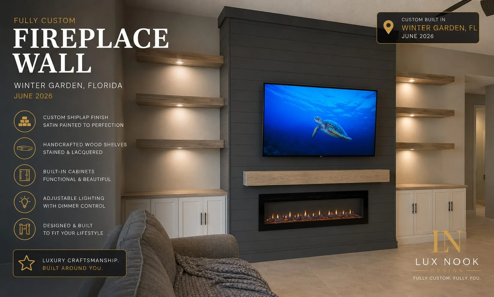 Custom fireplace wall project in Winter Garden, Florida with dark shiplap, floating wood shelves, built-in cabinets, adjustable lighting, and linear electric fireplace.