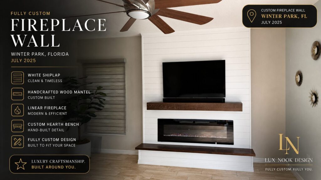 custom-fireplace-wall-projects-white-shiplap-winter-park-july-2025.jpg Custom fireplace wall projects featuring white shiplap, a handcrafted wood mantel and hearth bench in Winter Park