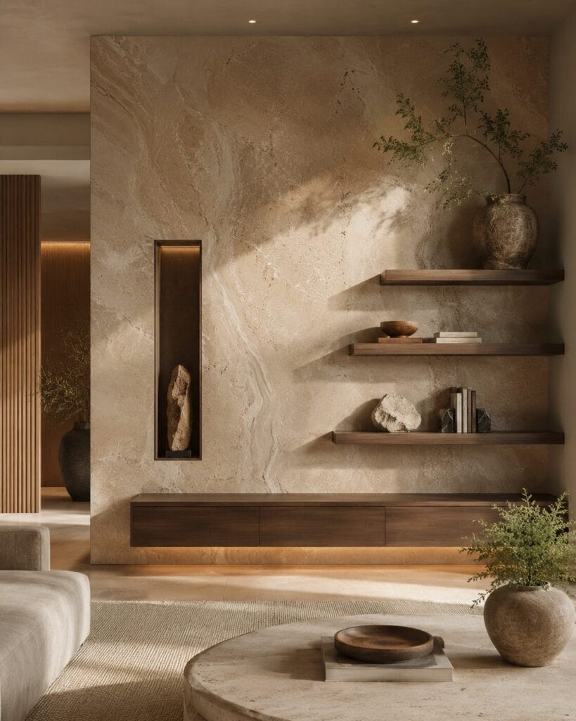 Hand-applied limewash or Roman Clay accent wall finish creating natural movement, texture, depth, and a refined artisan appearance.