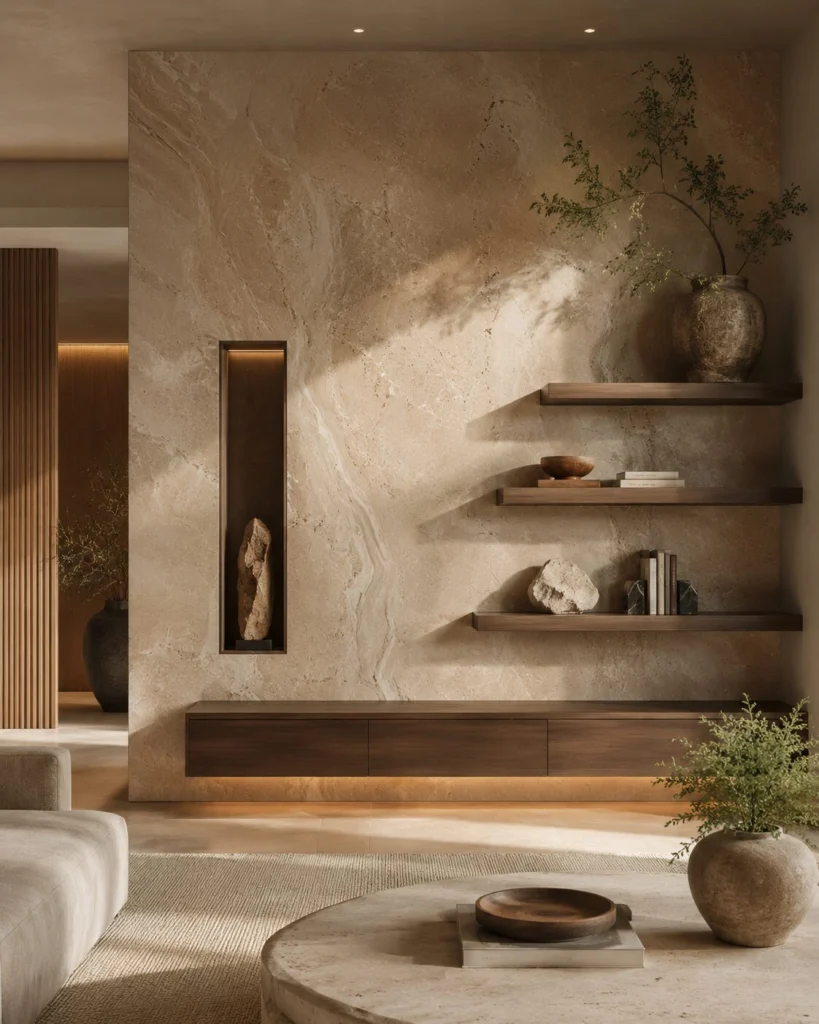 Hand-applied limewash or Roman Clay accent wall finish creating natural movement, texture, depth, and a refined artisan appearance.