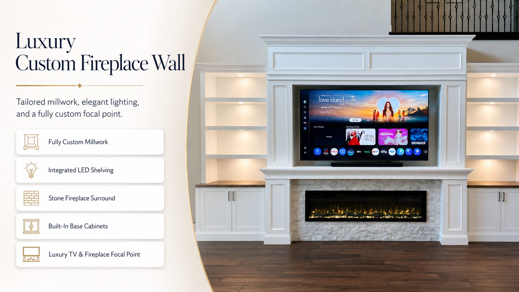 Custom fireplace walls Florida project with built-in cabinetry, LED shelving, stone surround, and luxury TV media wall design.