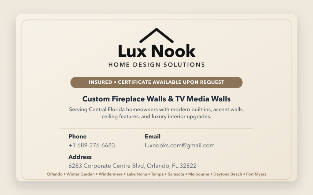 Insured Florida Business – Lux Nook Design Lux Nook Design insured Florida business contact card with proof of liability insurance