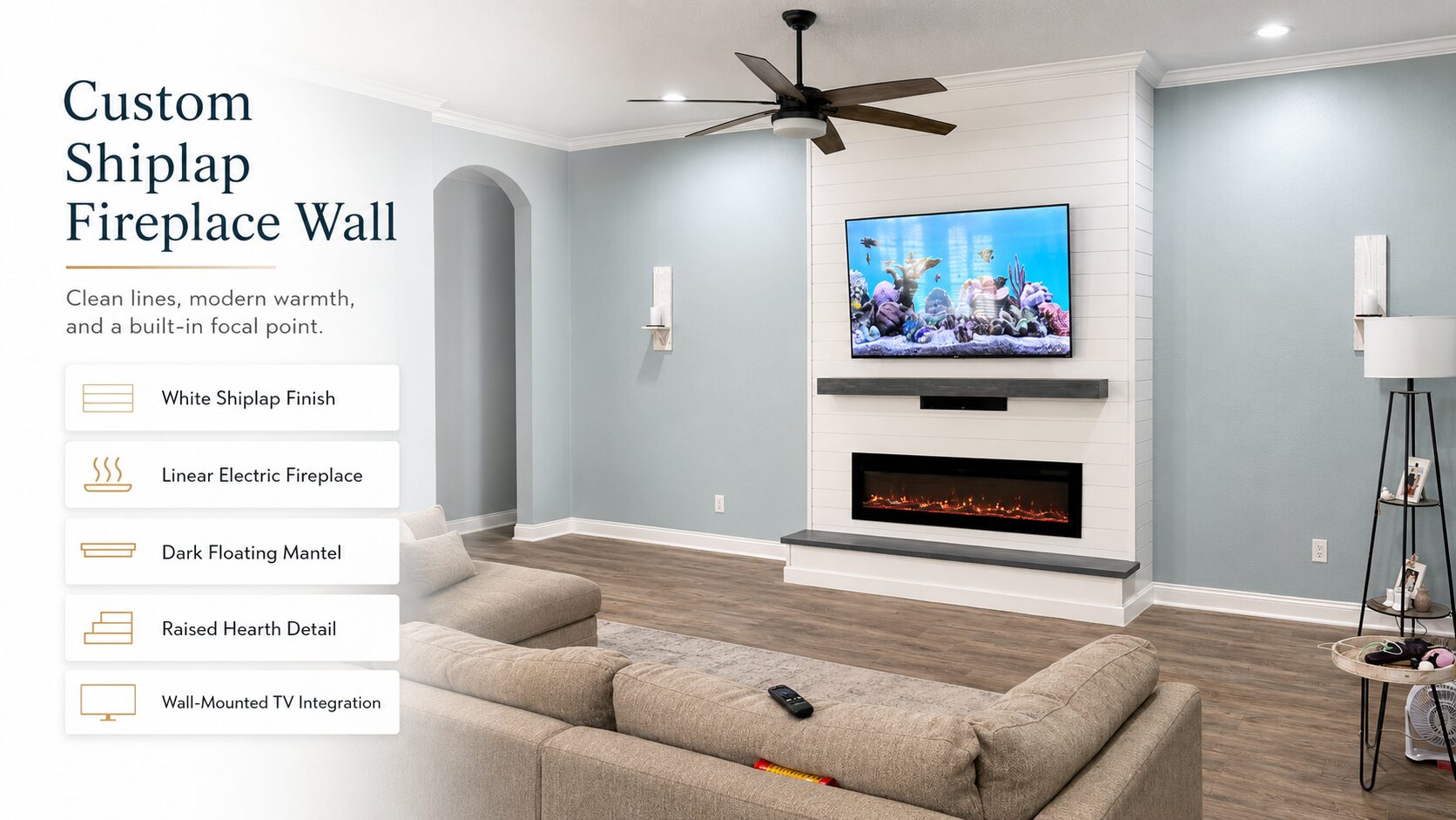 Minimal White Shiplap Fireplace Wall Orlando Florida living room before custom fireplace wall installation with the original entertainment center and open wall space