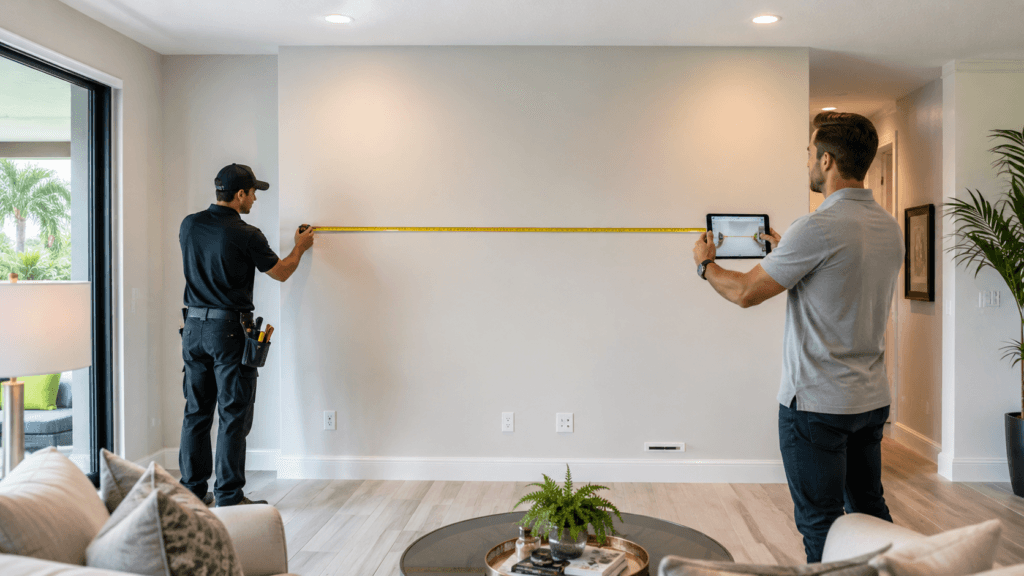 Measuring a living room wall for a custom fireplace wall and TV media wall project in Orlando