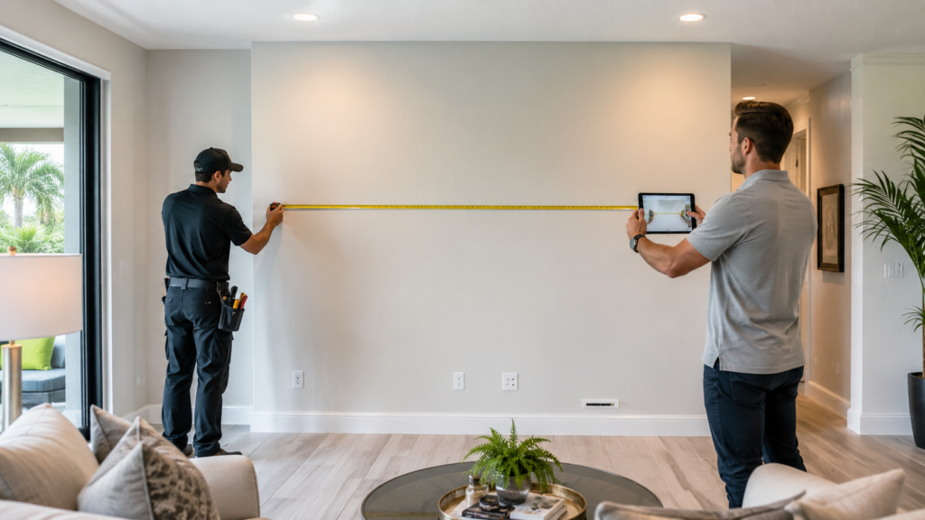Fireplace Wall Measurements Process in Orlando Measuring a living room wall for a custom fireplace wall and TV media wall project in Orlando