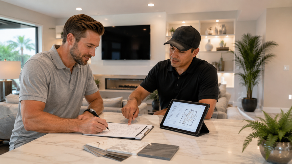 Fireplace Wall Estimate and Project Approval Orlando Reviewing an estimate and approving a custom fireplace wall project in Orlando