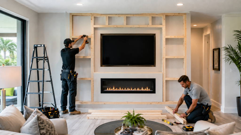 TV Media Wall Installation Start in Orlando Start of TV media wall installation in Orlando with framing, tools, electric fireplace, and organized jobsite setup