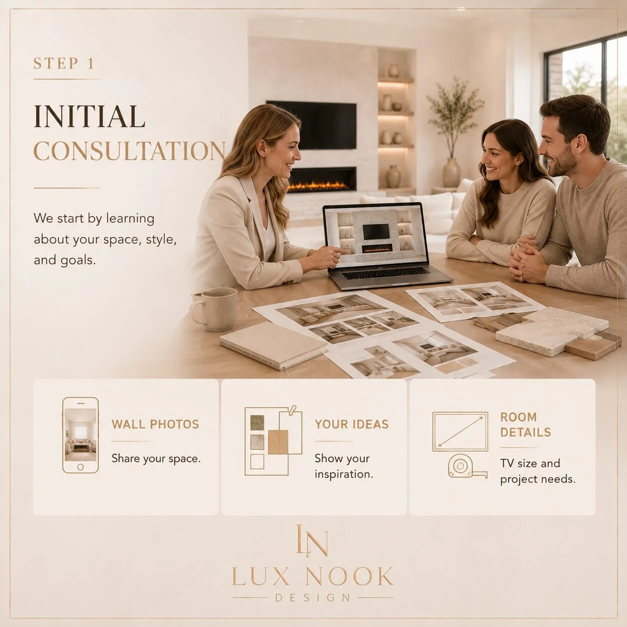 Initial Project Consultation Custom media wall process by Lux Nook Design