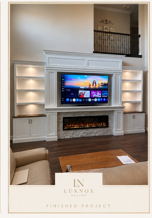 Completed Luxury Fireplace Media Wall Completed luxury fireplace media wall with custom cabinetry, stone surround, and LED lighting