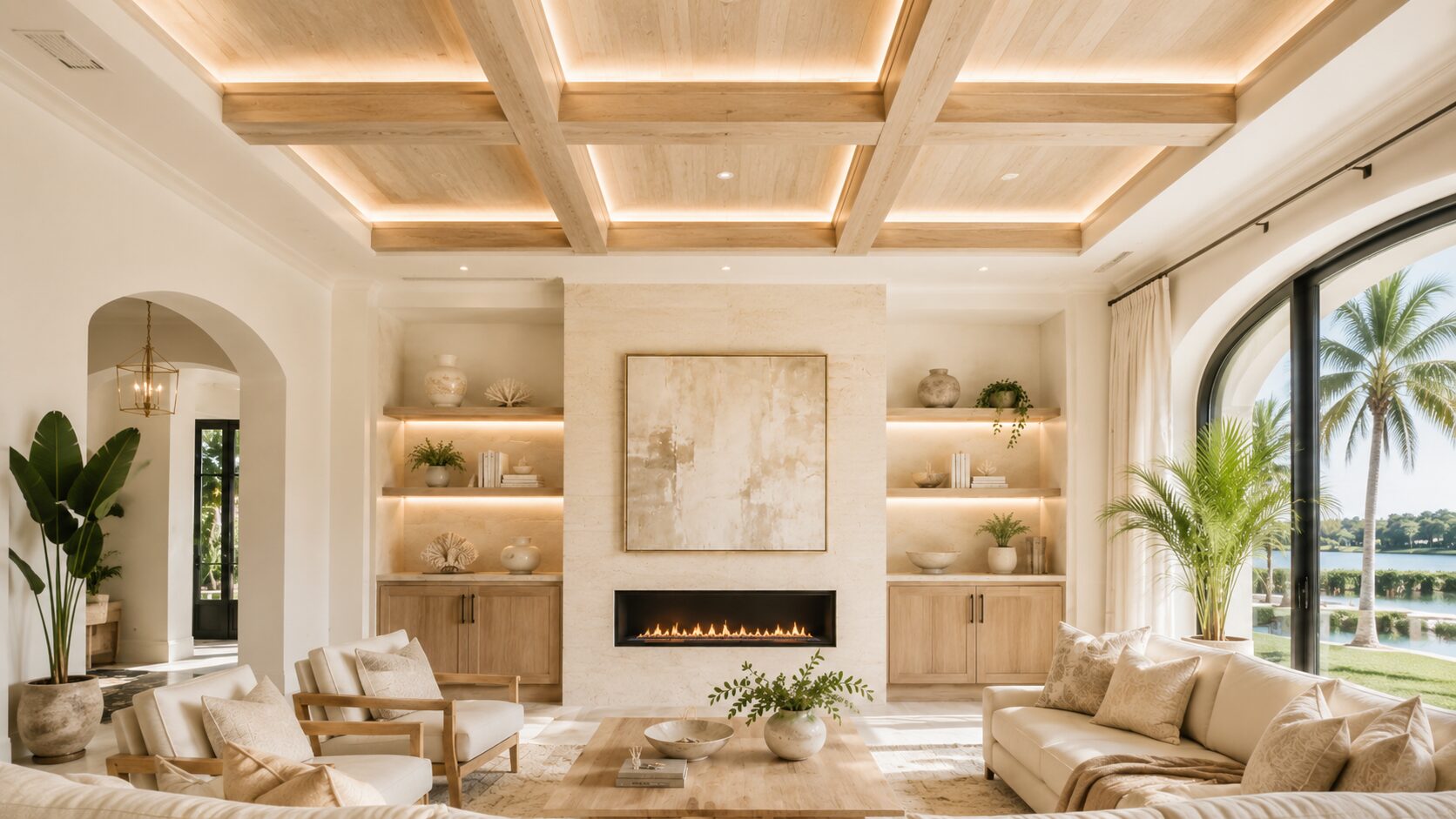 Custom Ceiling Design Portfolio – Wood Beams and Integrated Lighting Custom ceiling feature with decorative wood beams, recessed lighting, tray details, and luxury architectural finishes