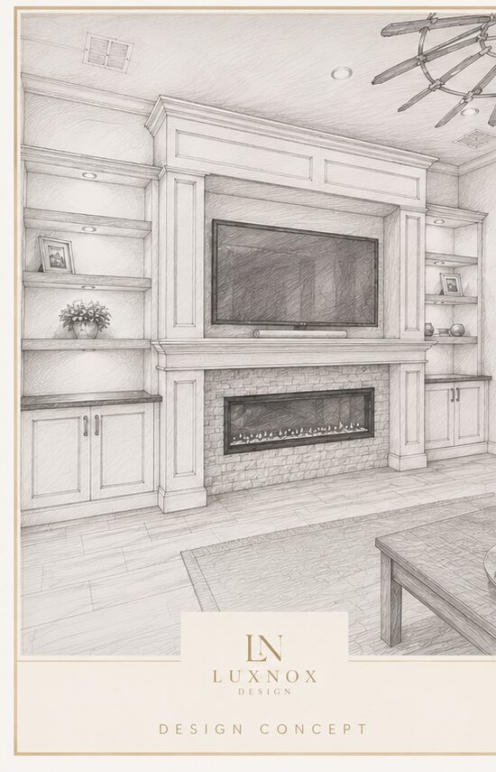 Custom Fireplace Media Wall Design Concept Custom fireplace media wall design concept showing cabinetry, shelving, and fireplace layout
