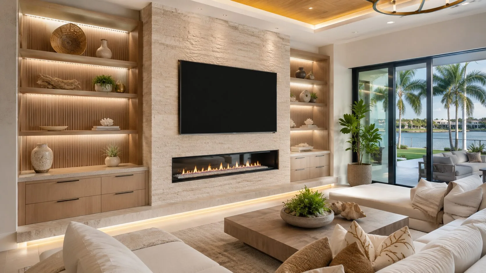 Custom fireplace media wall with built-in cabinetry and illuminated shelving in a Florida interior