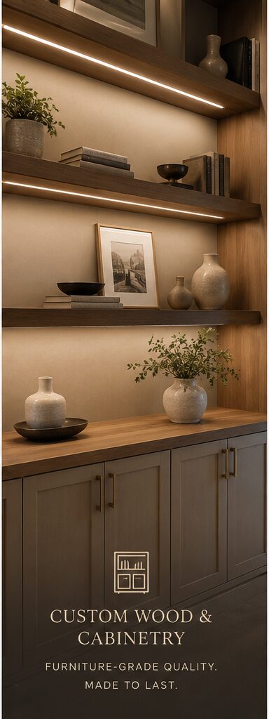 Custom Wood Cabinetry and Shelving Custom wood shelving, cabinetry, and furniture-grade wood finishes with integrated lighting