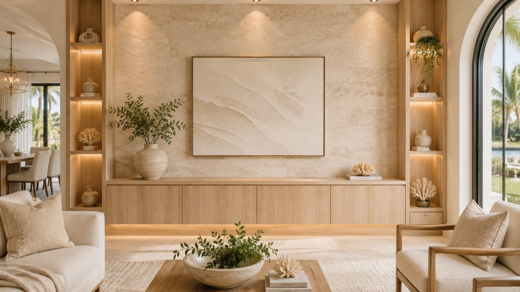 Custom Accent Wall Portfolio – Texture, Wood and Architectural Detail Modern decorative accent wall featuring textured finish, wood details, custom cabinetry, and warm architectural lighting