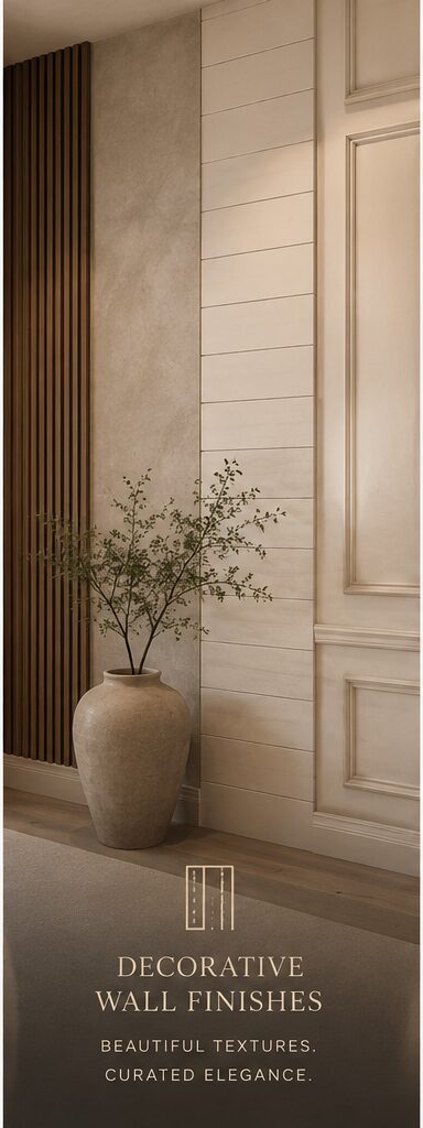 Architectural Wall Finishes Decorative architectural wall finishes featuring limewash, wall panels, and wood slats