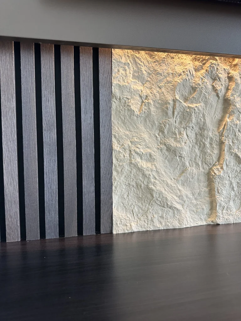 Wood Slat Accent Wall Detail Decorative wood slat wall with textured architectural finish and integrated lighting