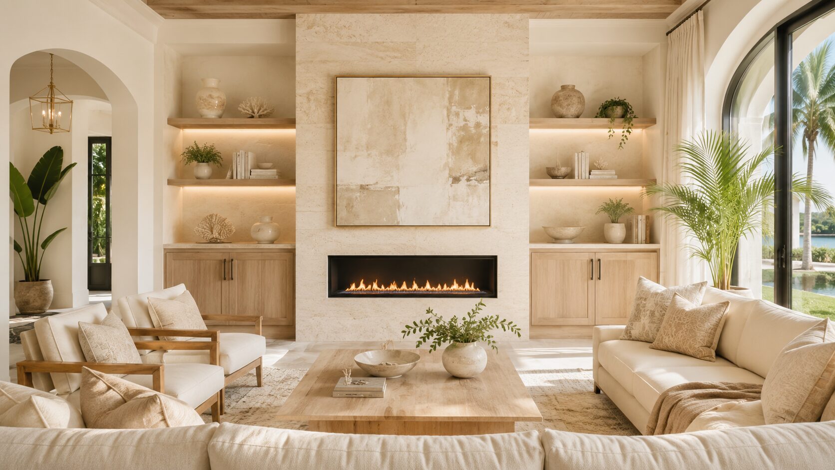 Custom Fireplace Wall Portfolio – Stone, Mantel and Built-Ins Custom fireplace wall with light stone, linear electric fireplace, wood mantel, built-in cabinets, and illuminated shelves
