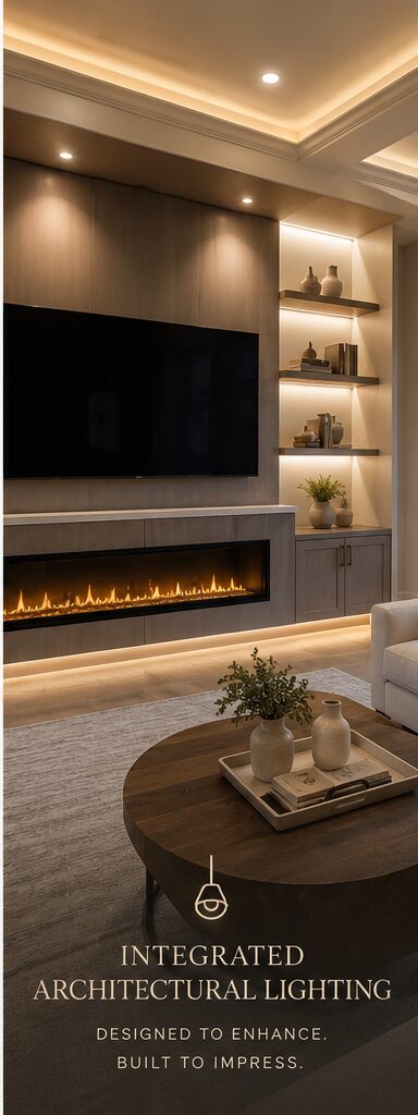 Integrated Architectural LED Lighting Integrated architectural LED lighting for fireplace walls, shelving, and custom cabinetry