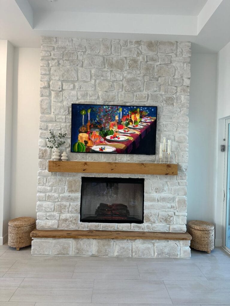Hand-Finished Limestone Fireplace Hand-finished limestone fireplace surround with rustic wood mantel