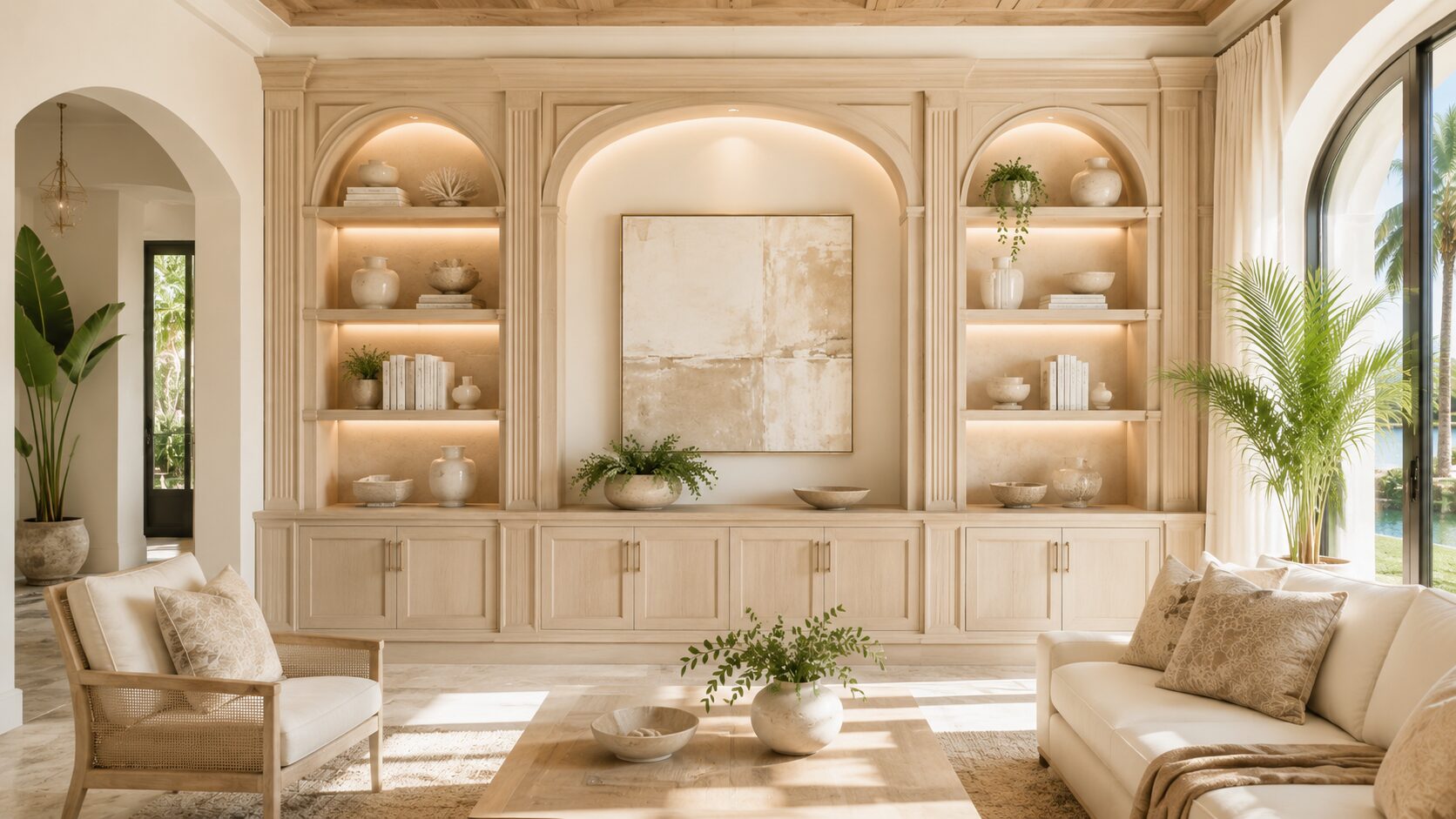 Custom Built-In Cabinetry Portfolio – Furniture-Grade Finishes Luxury built-in cabinetry with furniture-grade painted cabinets, display shelving, architectural trim, and integrated lighting