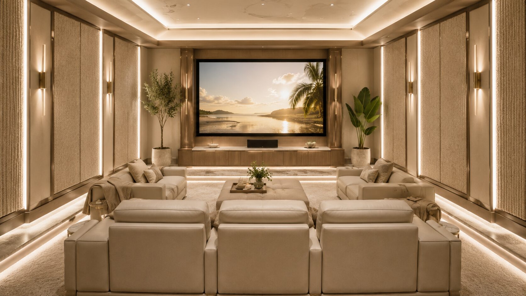 Custom Home Theater Room Portfolio – Luxury Media Room Design Luxury custom home theater room with large projection screen, architectural lighting, acoustic wall panels, and theater seating