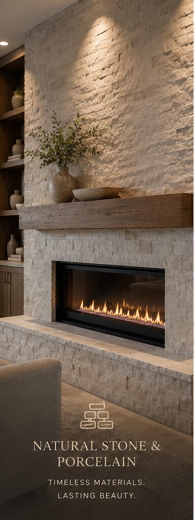 Natural Stone Fireplace Finish Natural stone fireplace surround with solid wood mantel and luxury interior finish