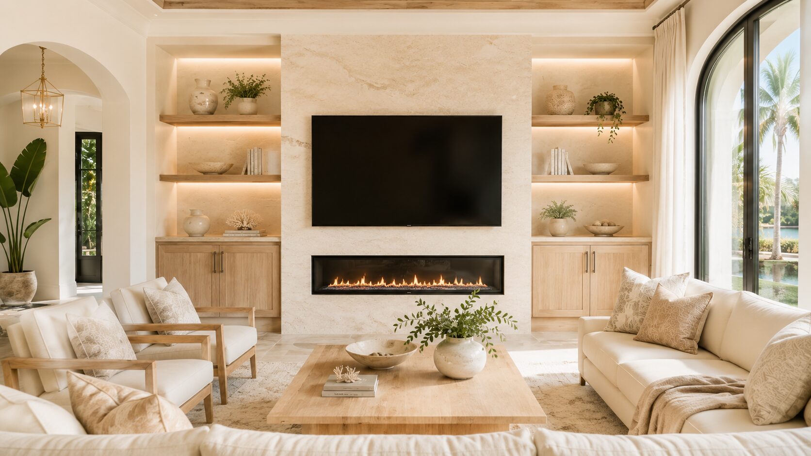 Custom TV Media Wall Portfolio – Fireplace, Storage and Lighting Custom TV media wall with recessed television, linear fireplace, built-in cabinetry, floating shelves, and LED lighting