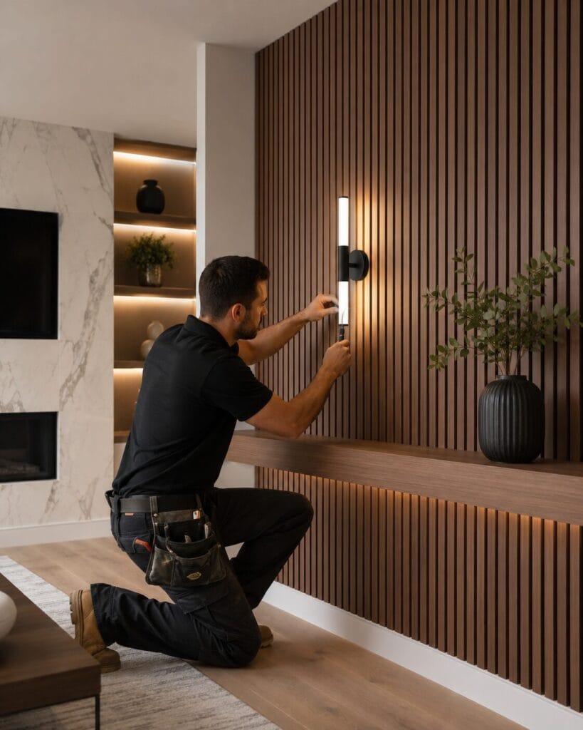 Professional accent wall installation with precise edges, smooth transitions, refined trim, balanced proportions, and integrated lighting details.
