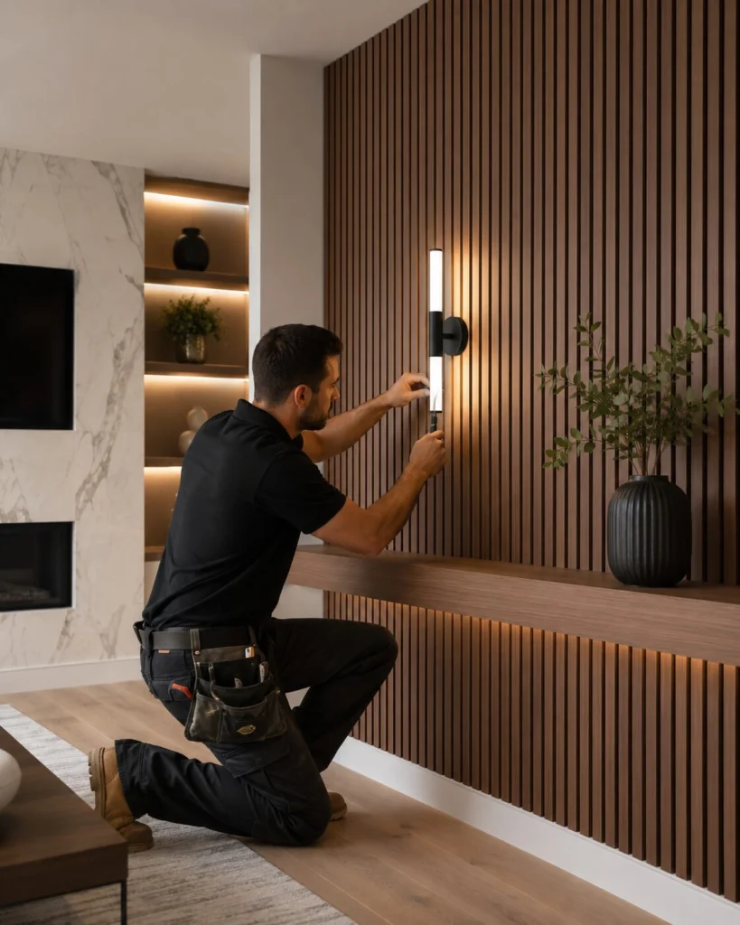 Professional accent wall installation with precise edges, smooth transitions, refined trim, balanced proportions, and integrated lighting details.