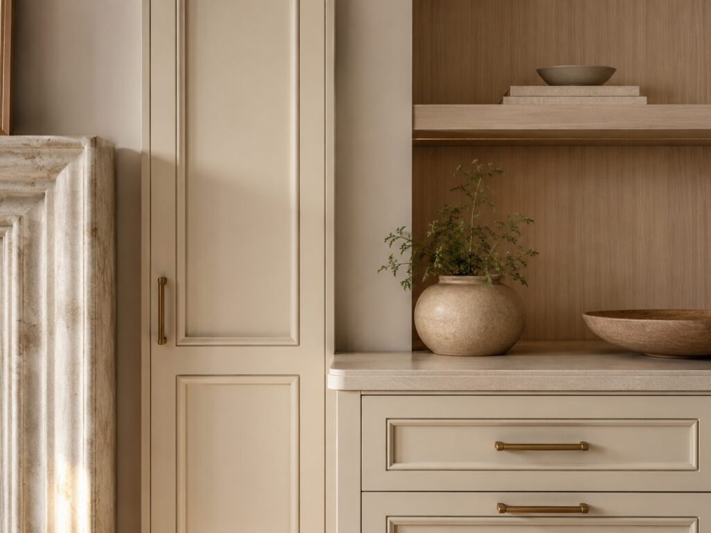Close-up of custom cabinetry, trim, hardware, and furniture-grade painted finishes
