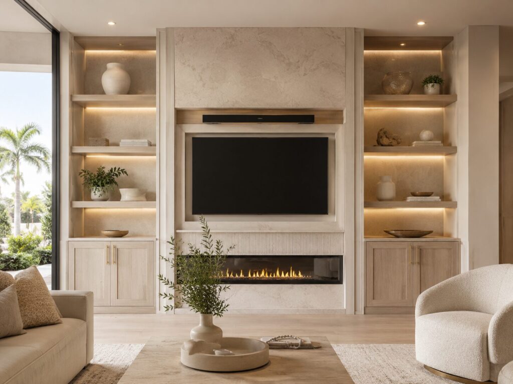 Completed custom fireplace wall with cabinetry, shelving, trim, and integrated lighting