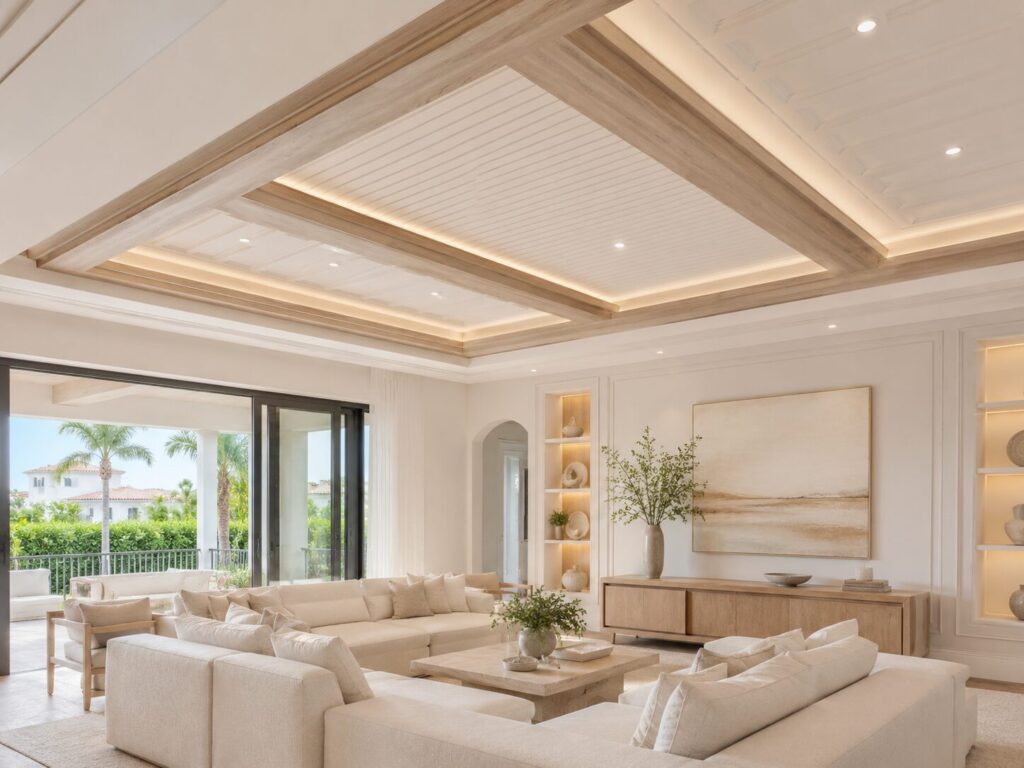 Custom ceiling with decorative beams, recessed panels, and integrated lighting