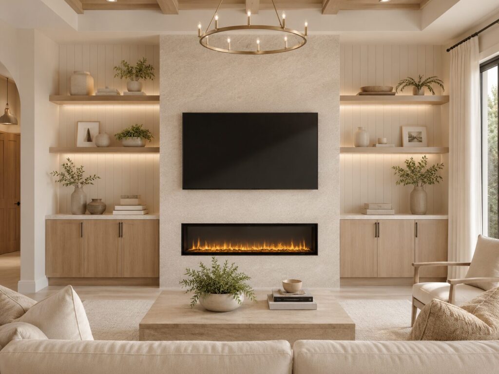 Custom fireplace wall with TV, linear fireplace, shelves, and lower cabinetry