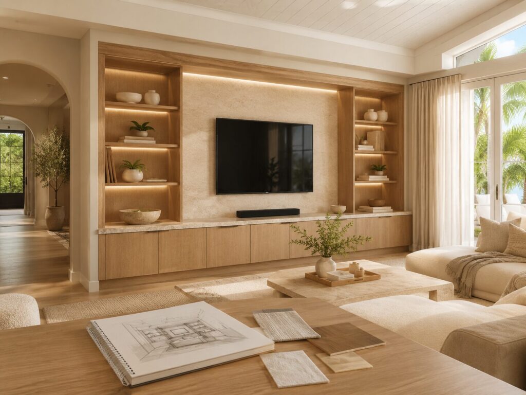 Custom media wall concept developed around the room, materials, and homeowner preferences