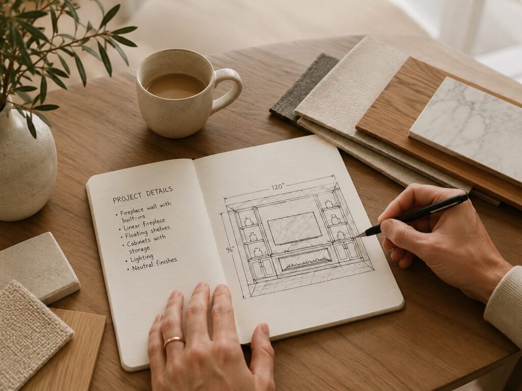 Custom fireplace wall concept sketch with materials and project details