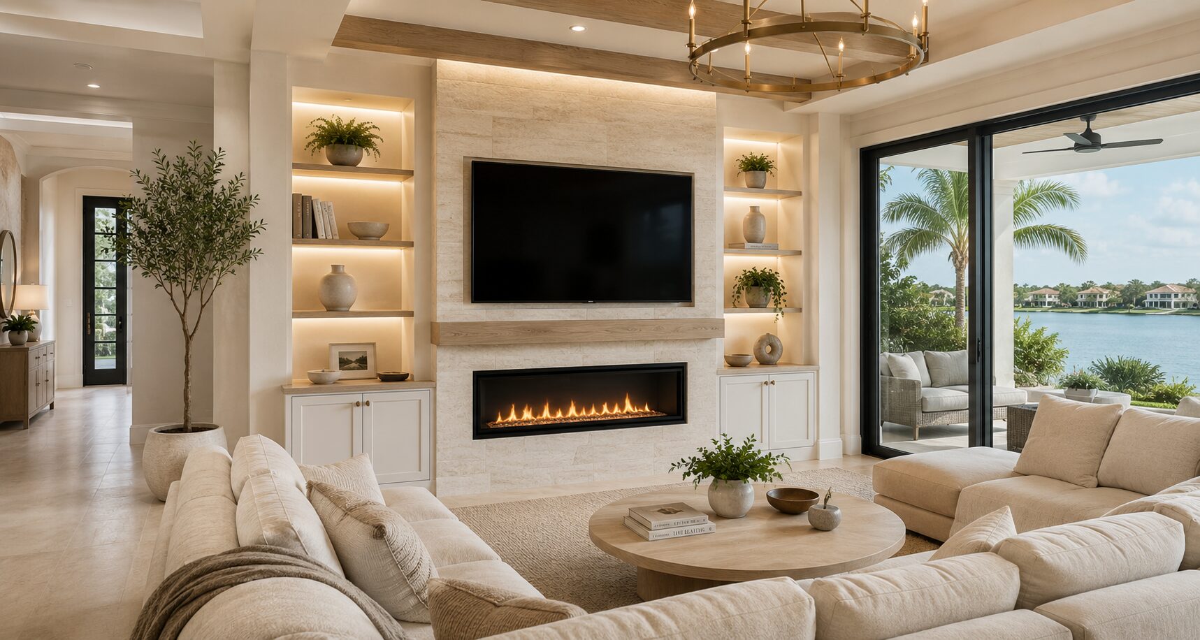 Florida service areas for custom fireplace walls, TV media walls, and built-in cabinetry