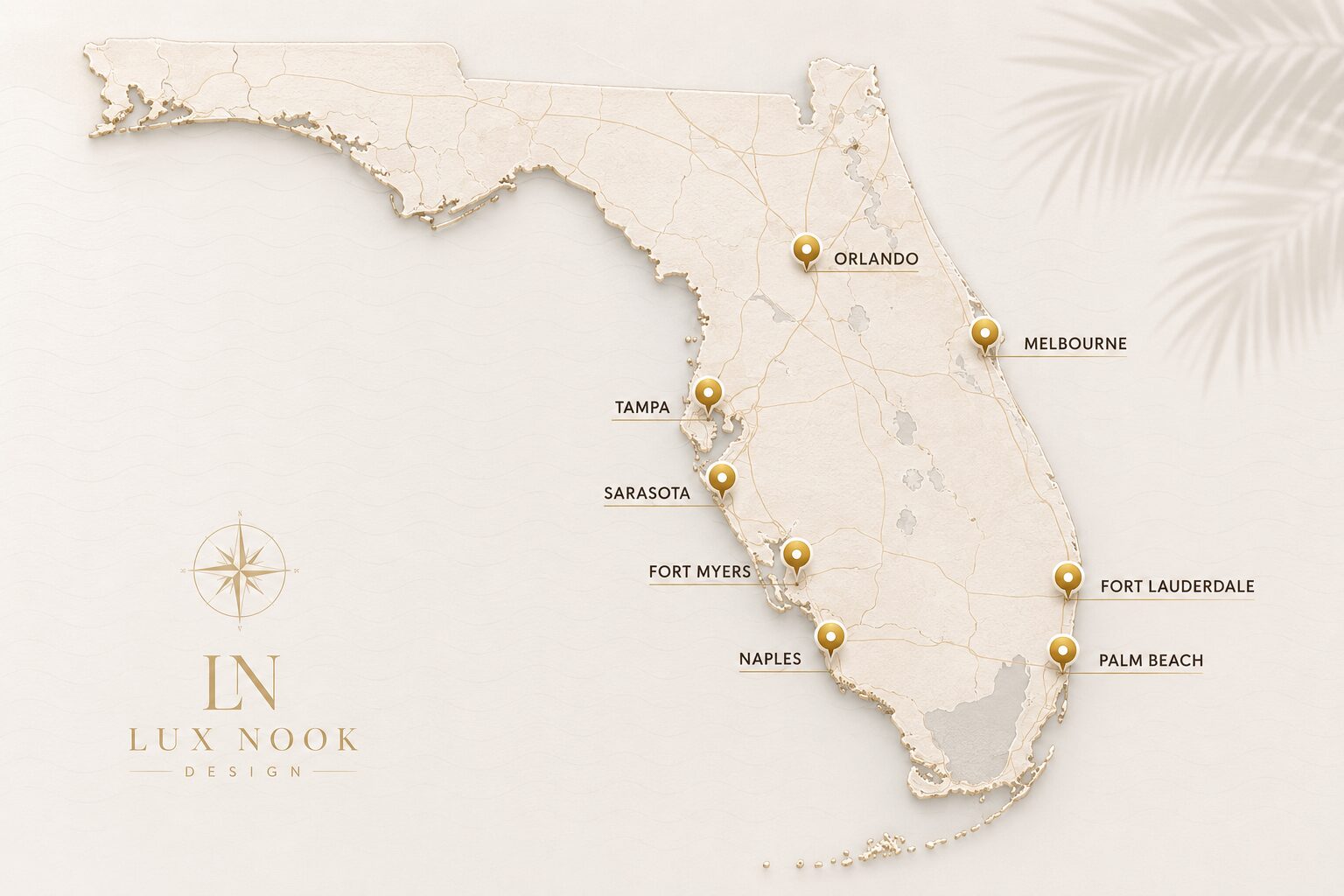 Florida Service Areas map showing Orlando, Melbourne, Tampa, Sarasota, Fort Myers, Naples, Fort Lauderdale, and Palm Beach