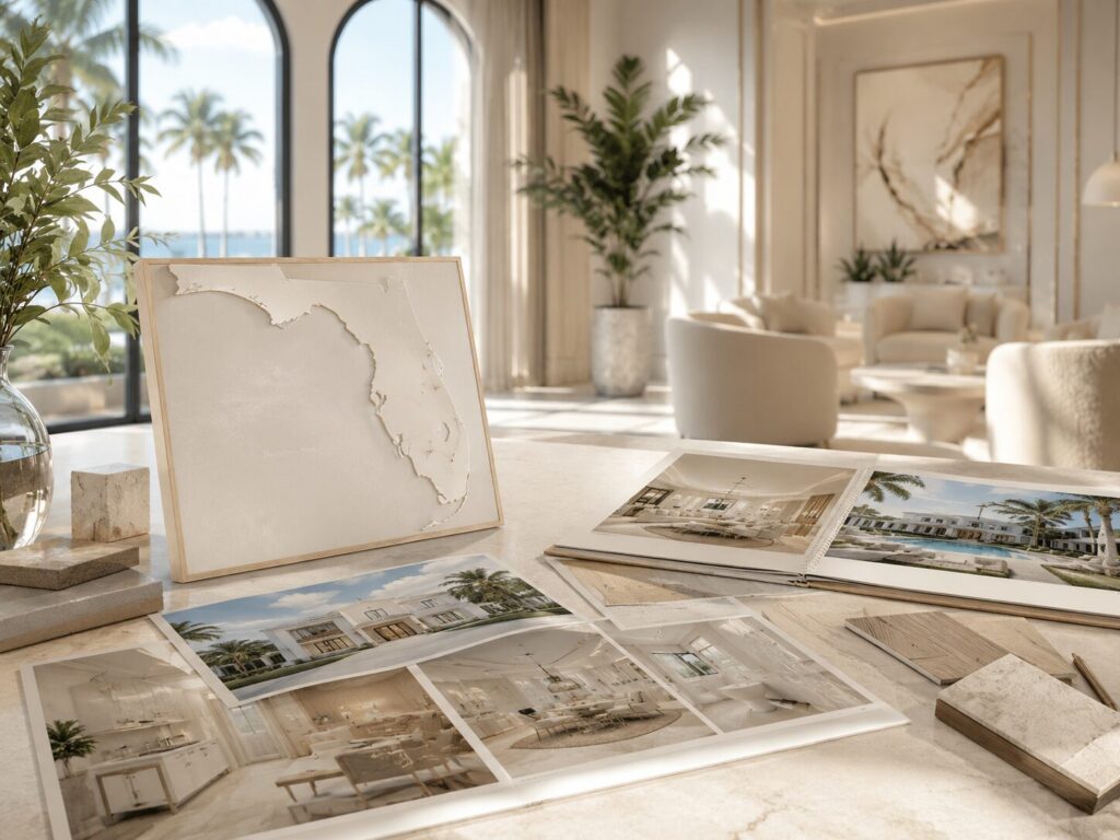 Florida project planning materials with interior photos, samples, and design selections
