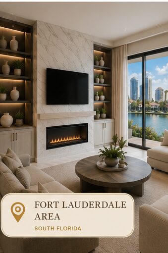 Luxury marble TV wall with fireplace and cabinetry in Fort Lauderdale Florida