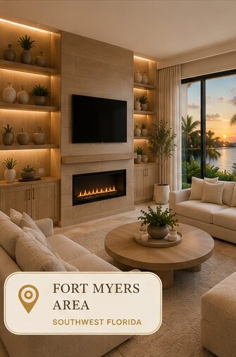 Warm modern media wall with fireplace and built-in storage in Fort Myers Florida