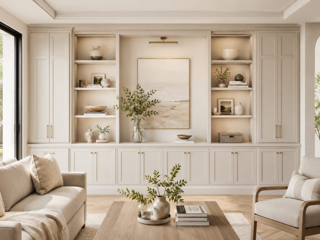 Furniture-style built-in cabinetry with shelves and custom storage