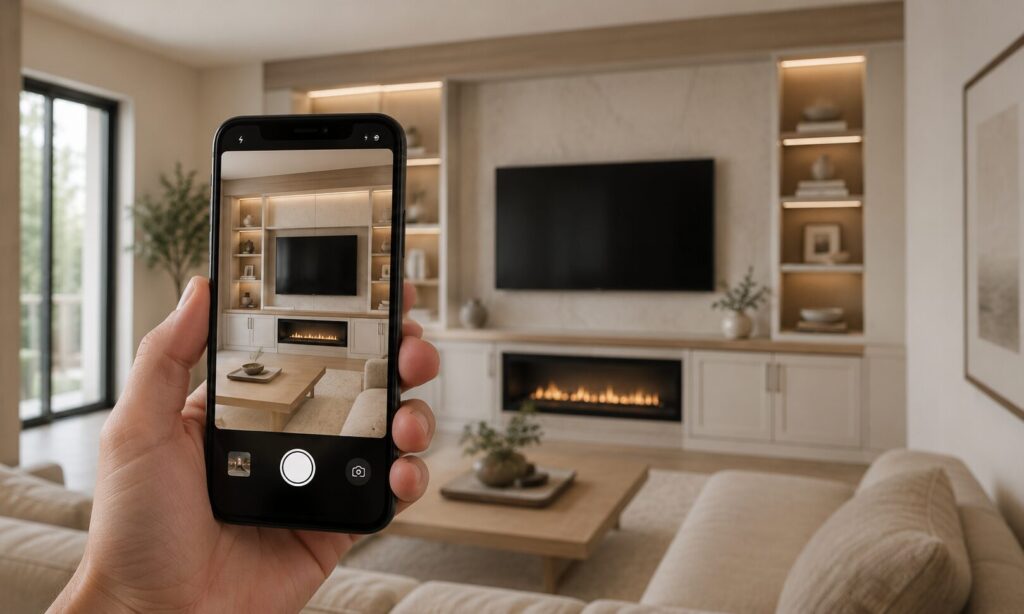 Homeowner photographing a living room wall for a remote custom project review