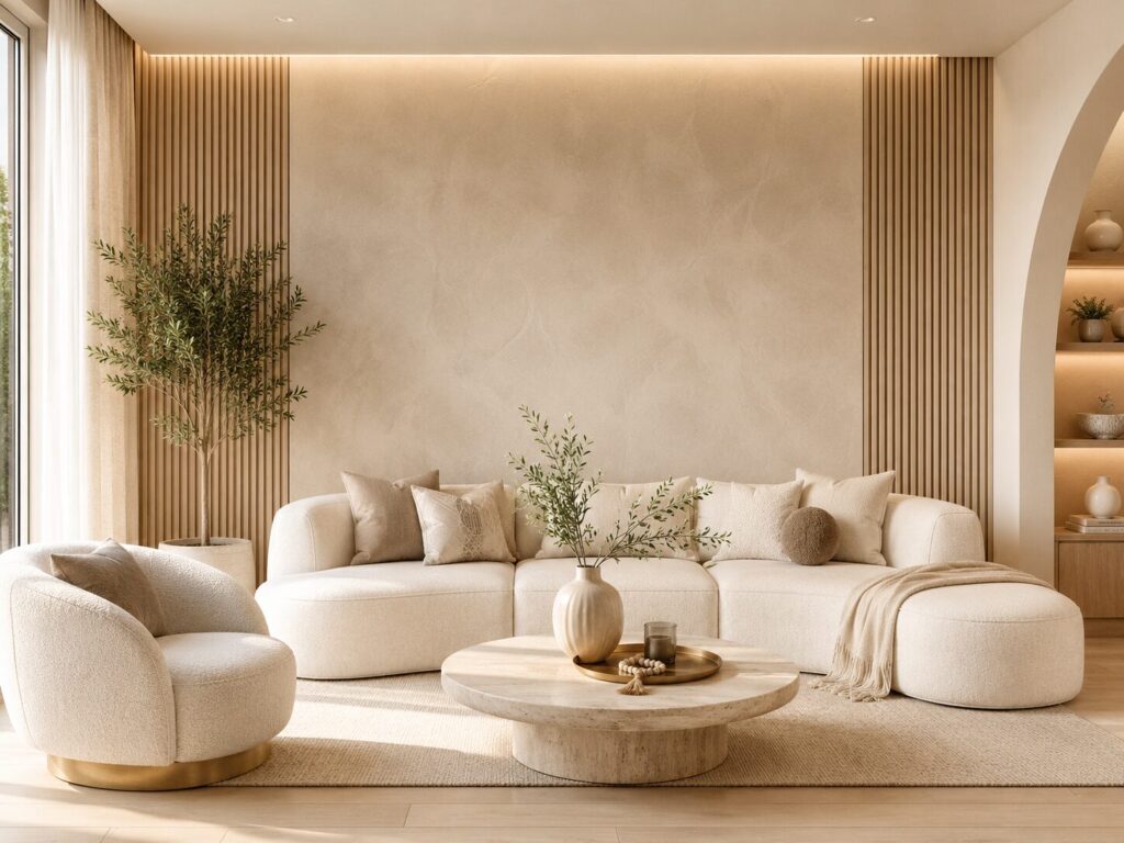 Luxury limewash accent wall with wood slats in a neutral living room
