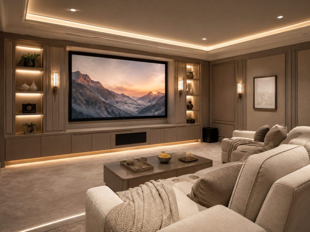 Luxury custom home theater room with large screen, cabinetry, and ambient lighting