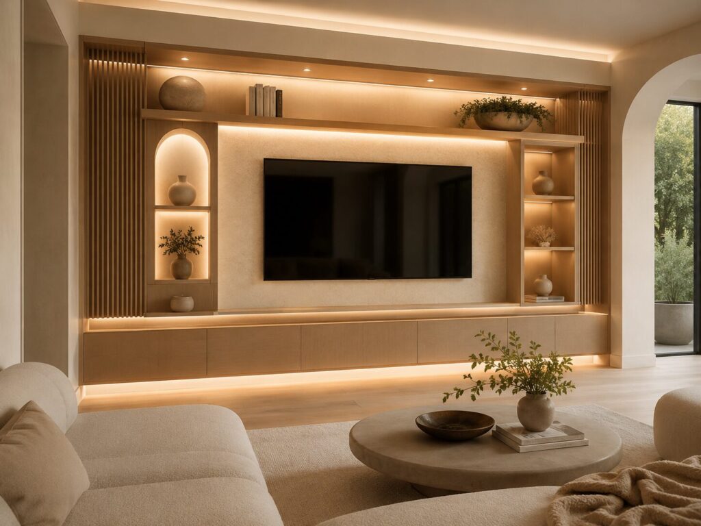 Custom media wall with LED shelf lighting, recessed lights, and ambient illumination