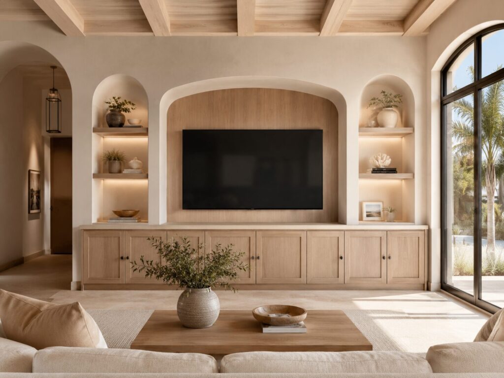 Custom media wall designed around room proportions, windows, and architectural conditions