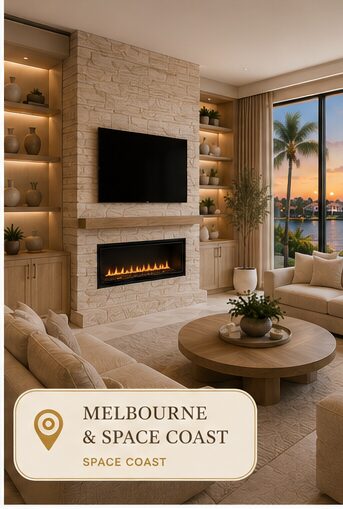 Coastal custom fireplace wall with built-in shelving in Melbourne Florida