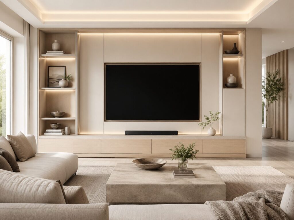 Modern custom TV media wall with concealed storage and integrated lighting