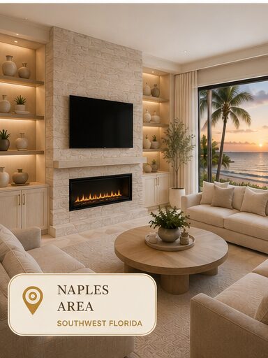 Elegant fireplace wall and custom cabinetry in a luxury Naples Florida interior